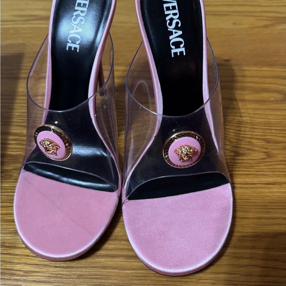 Versace Pink Heels with Gold Medusa Detail